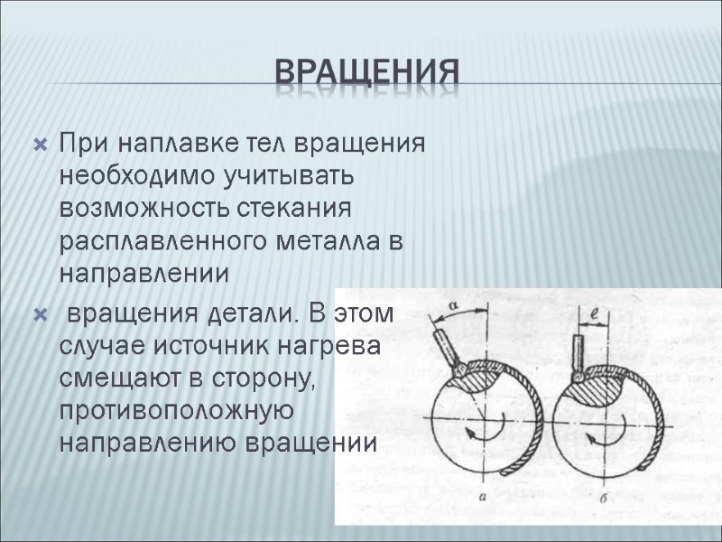 вращения При наплавке тел вращения необходимо учитывать возможность стекания расплавленного металла в направлении 